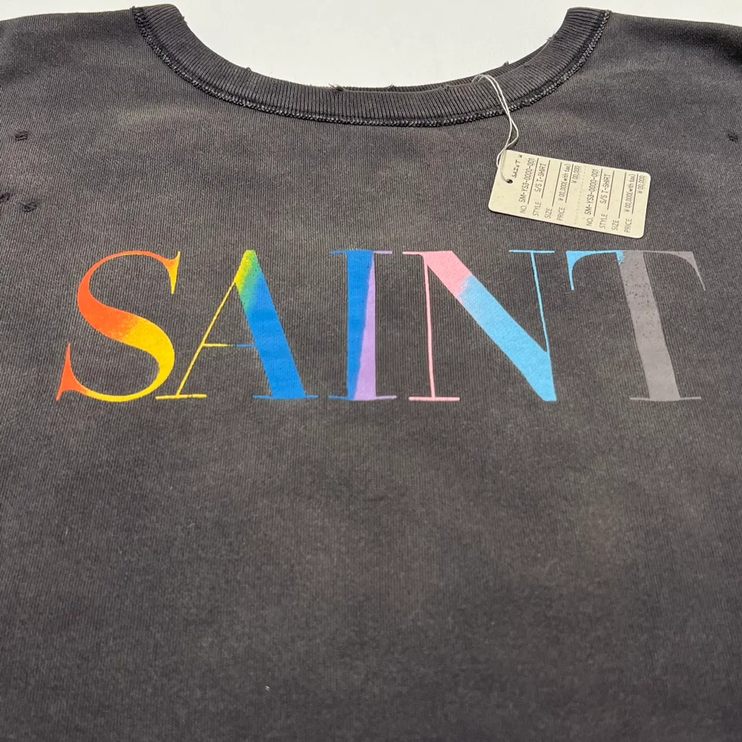 More details SAINT Mxxxxxx CREW NECK SWT SHIRTS 'RAINBOW SNT'/BLK Rainbow SAINT destruction sweatshirt washed black S-XL